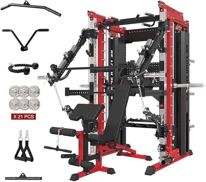 FAGUS Commercial Smithe Machine with Dual Weight Stacks, Power Cage Squat Rack with Lever Arm & Leg Press Attachment, Multi-Function Linear Bearing Cable Crossover Machine for Home Gym