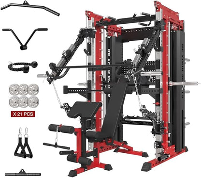 FAGUS Commercial Smithe Machine with Dual Weight Stacks, Power Cage Squat Rack with Lever Arm & Leg Press Attachment, Multi-Function Linear Bearing Cable Crossover Machine for Home Gym