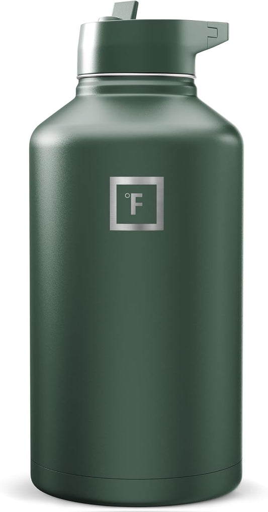 IRON °FLASK Camping & Hiking Hydration Flask with Straw, Wide Mouth Insulated Stainless Steel Sports Water Bottle - Dark Pine 64 oz - Straw (1 Lid)