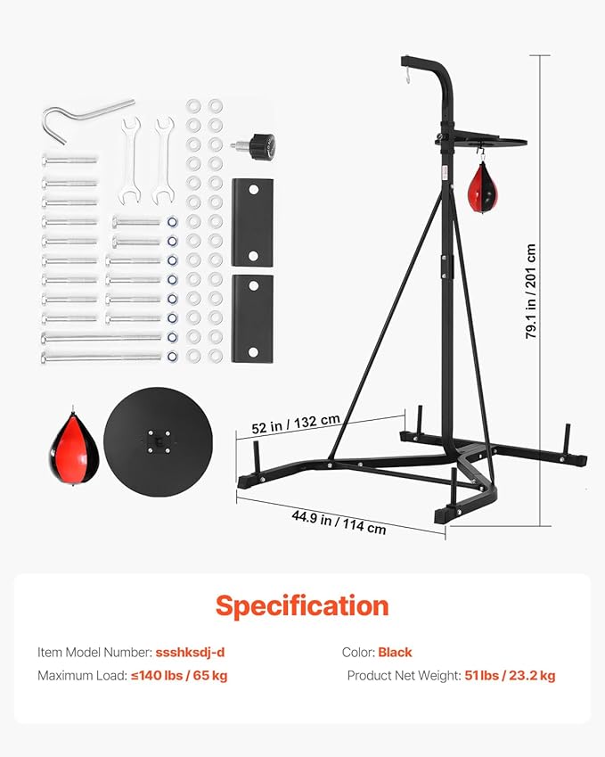 VEVOR 2 in 1 Punching Bag Stand, Steel Heavy Duty Workout Equipment, Adjustable Height Boxing Punching Bag and Speed Bag Stand, Freestanding Sandbag Rack, Holds Up to 140 lbs, for Home Gym Fitness
