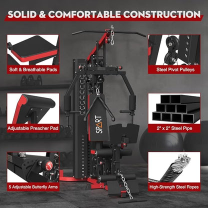 SPART Home Gym Station,Multifunctional Home Gym Workout Equipment,with 160LBS Weight Stack for Leg Press & Chest Fly, All in One Exercise Equipment Full Body Strength Training with Pulley System
