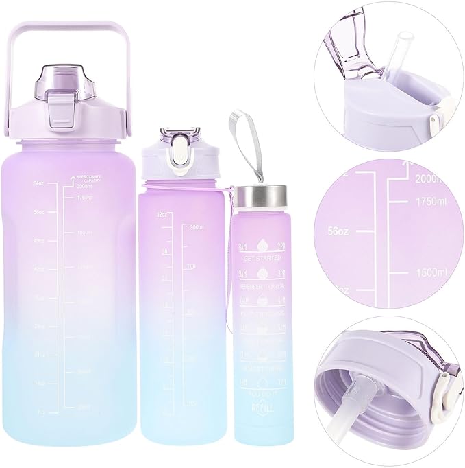 Ciieeo 3pcs Sports Water Bottle Set Large Capacity Frosted Gradient Plastic Workout Bottles (2l, 900ml, 300ml) Portable Fitness Hydration for Outdoor Gym and Hiking