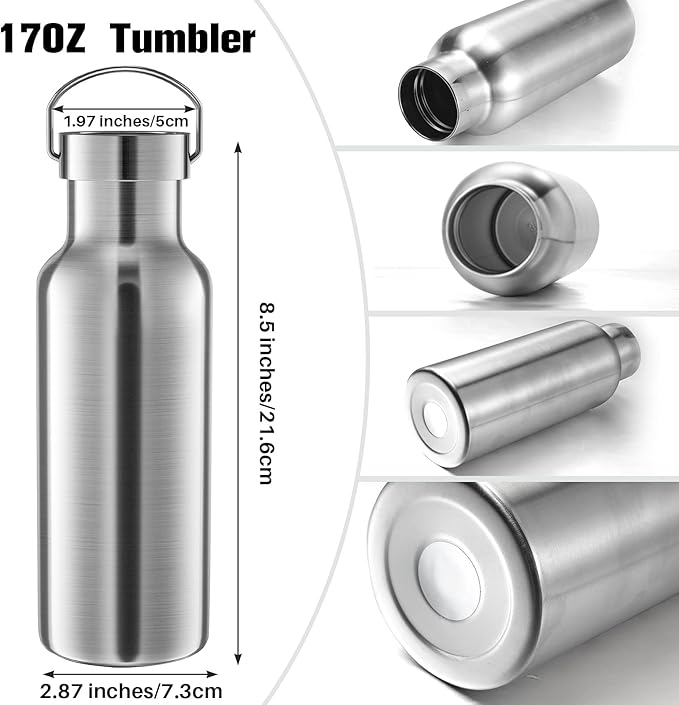10 Pack Reusable Stainless Steel Water Bottle Bulk Double Wall Insulated Sports Water Bottle with Handle and Vacuum Seal Leakproof Lid for Sports Cyclists Hiking Gym Camping Gift(Silver,17 oz)