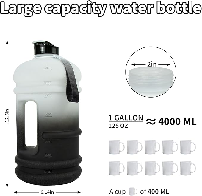 TOOFEEL Gallon Water Bottle - 128 oz with Flip Lid & Handle - BPA Free with Measurements - Black & White Gradient