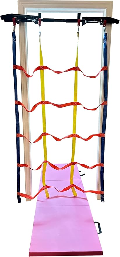Kids Doorway Gym Swing Set + Pull Up Bar 6 in 1 Indoor Gym Playground Combo for Children, Includes Swing Seat, Climbing Cargo Net, 2X Gymnastic Trapeze Rings, Rope Ladder, Full Accessory