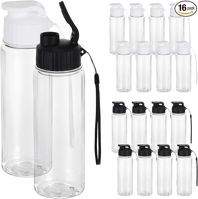 16 Pack Plastic Water Bottles Bulk with Handle Strap, 17oz Sports Water Bottles Reusable Drinking Cups Lightweight Leakproof Flip Top Bottle for Adults Gym Fitness Sports (White & Black)