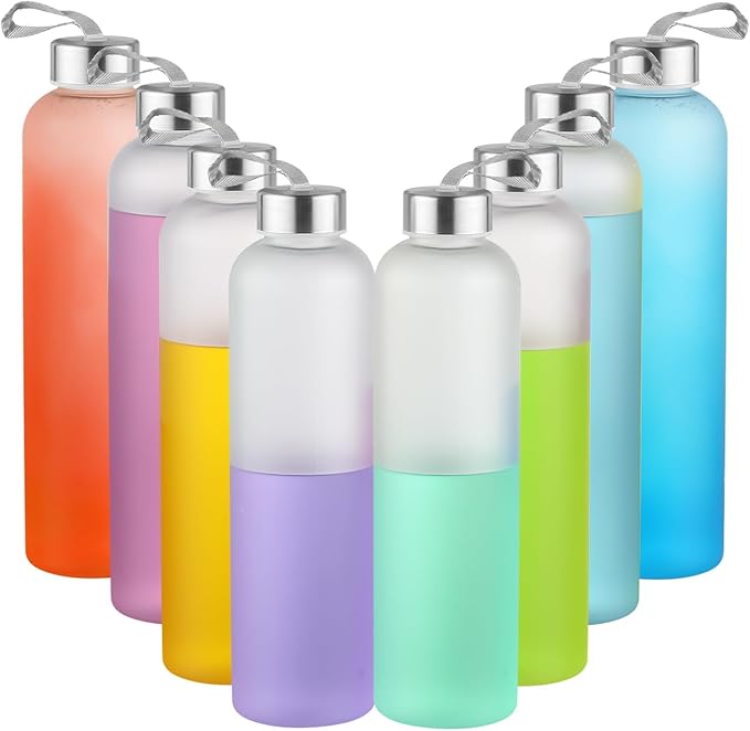 novelinks 8 Pack 27OZ Frosted Water Bottles with Stainless Steel Silver Lid,Leakproof Gym Bottles, Reusable Sport Water Jug for Fitness Camping Office