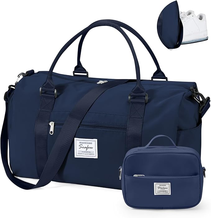 Gym Bag for Women with Shoes Compartment,Small Duffel Bag Sport bag with Toiletry Bag Overnight Travel Tote Bags Weekender Carry on Bag Personal Item Bags for Airlines Dark Blue
