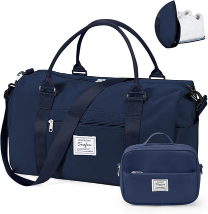 Gym Bag for Women with Shoes Compartment,Small Duffel Bag Sport bag with Toiletry Bag Overnight Travel Tote Bags Weekender Carry on Bag Personal Item Bags for Airlines Dark Blue
