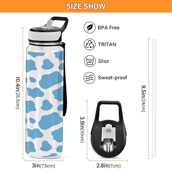 Fustylead Blue Cow Print Tritan Water Bottle with Straw and Lids, 32 oz Reusable BPA Free Sport Water Bottle for Gym Camping Hiking Travel