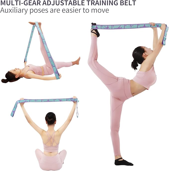 Elastic Yoga Stretching Strap with 9 Loops Pattern Guide, Stretch Straps for Pilates, Dance, Gymnastics Physical Therapy, Multi-Loop Adjustable Exercise Bands