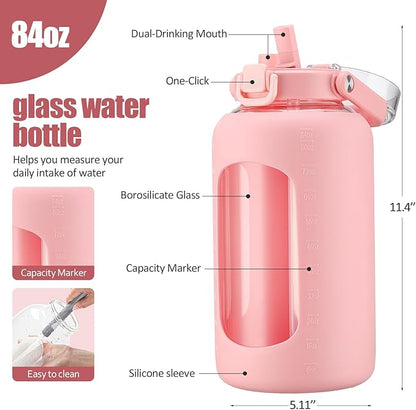 BLUEGO 84oz Glass Water Bottle with Straw and Handle, Large Water Bottle with Sip & Chug Lid, 2.5L Water Jug Silicone Sleeve with Time, Full Day Drinking Bottle for Sports BPA Free, Pink