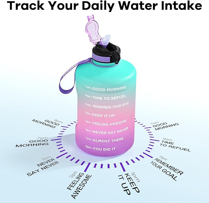 Gallon Sport Water Jug with Time Marker and non-slip handle, Sports Motivational Water Bottle, Wide Mouth with Easy Clean Brush for Outdoor, Fitness, Gym