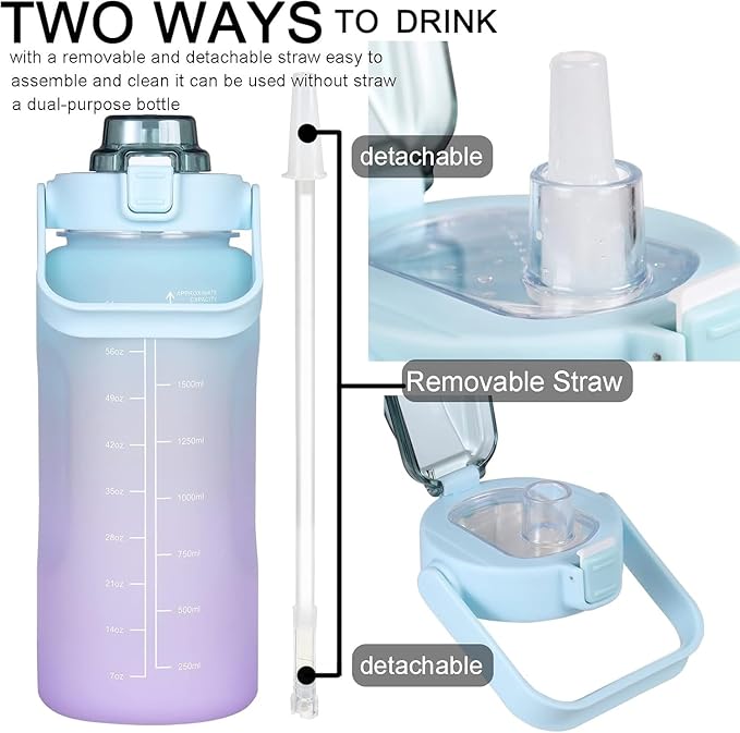 Large Motivational Water Bottle with Straw Time Marker BPA Free for Sport and Fitness (64 Oz/Half Gallon) (cyan-blue-purple)