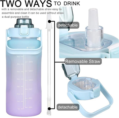 Large Motivational Water Bottle with Straw Time Marker BPA Free for Sport and Fitness (64 Oz/Half Gallon) (cyan-blue-purple)
