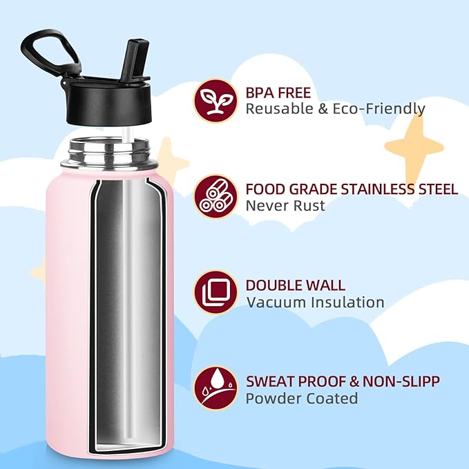 MEZMUT Insulated Water Bottle with Straw 32 oz Metal Water Bottle Leakproof Travel Stainless Steel Water Bottles Reusable Double Wall Gym Sports Cup Flask for Camping Hiking, Pink
