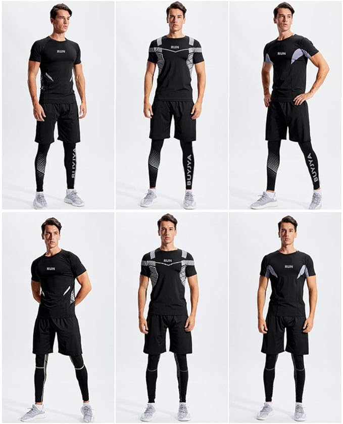 BUYJYA 5Pcs Men's Compression Pants Shirt Top Long Sleeve Jacket Athletic Sets Gym Clothing Mens Workout