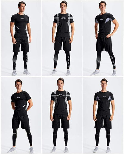 BUYJYA 5Pcs Men's Compression Pants Shirt Top Long Sleeve Jacket Athletic Sets Gym Clothing Mens Workout
