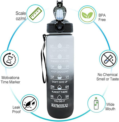 32oz Sports Water Bottle Outdoor, with Drinking Time and Capacity Labels, Sport Water Cups with Straw,BPA Free Leak Proof,for Fitness Gym Running Climbing(Grey black)