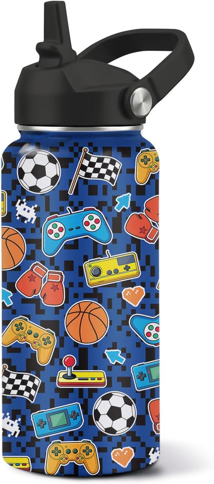Gamer Water Bottle 32oz - Insulated Stainless Steel with Straw, Leak Proof Lid - Ideal Gaming Gifts for Kids Boys Teens - BPA-Free Sports Bottle for School, Travel & Gaming