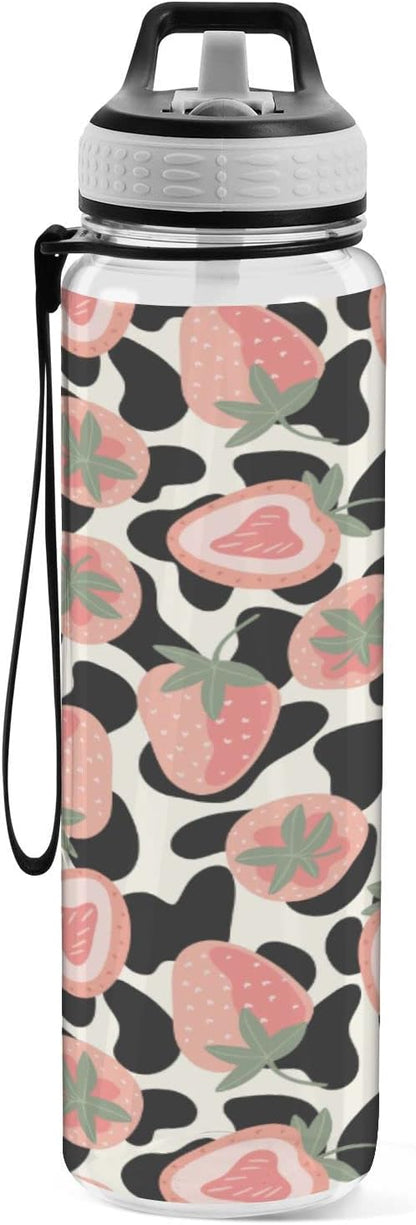 Fustylead Pink Strawberries and Cow Skin 32oz BPA Free Water Bottle, Leak-proof Bottle with Carrying Strap, Clear Sports Bottle for Running Cycling Camping