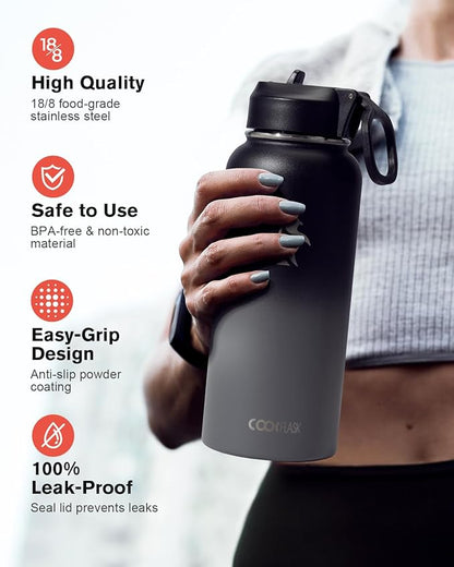 Water Bottle 32 oz Insulated with Straw, Coolflask Stainless Steel Metal 3 Lids Water Flask Wide Mouth for Sports or Office, Non-BPA Keep Cold Up to 48 Hrs or Hot Up to 24 Hrs, Piano Night