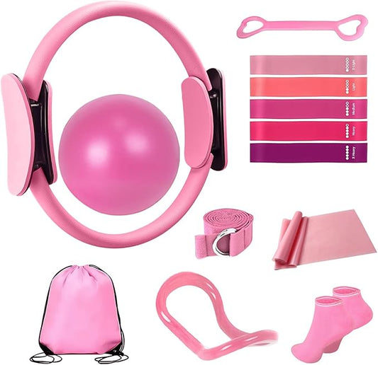 Pilates Equipment Kit for Women - Home Workout Set with Pilates Ring,9.8" Yoga Ball, 5 Resistance Bands, Magic Circle, for Legs, Arms, Thighs, Yoga Set for Beginners