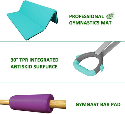 Foldable & Moveable Gymnastics Horizontal Bar with Rings,3’to 5’Adjustable Height Expandable Junior Kip Bar for Home,Indoor Gym Equipment for Kids