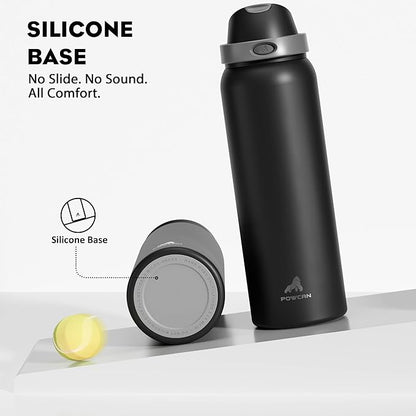 POWCAN 40 oz Insulated Water Bottle for Men: Push-Button Spout & Quick-Flip Straw, Leakproof, Cold for 24 Hrs, Stainless Steel Large Water Bottle for Sports, Camping, Trips, Outdoors (Midnight Black)