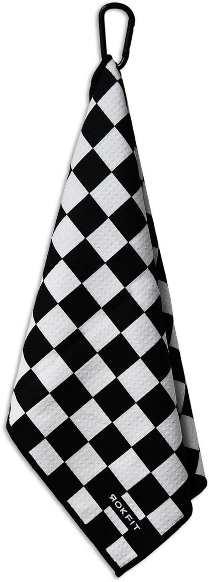 RokFit Gym & Golf Towel – Multi-Use, Quick-Dry, Durable Utility Towel with Bold Graphic and Carabiner Clip (Checker)