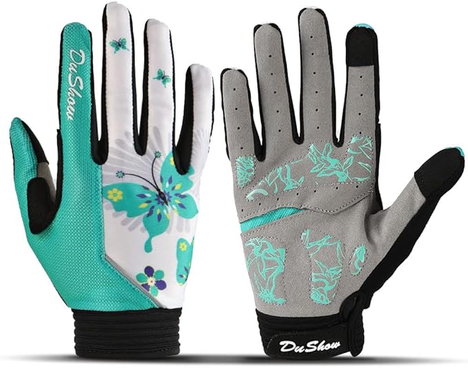 DuShow Bike Gloves for Women Cycling,Pink Floral Workout Gloves Women,Full Finger Biking Driving Riding Gloves for Women,Gel Padded Touch Screen Gym Gloves
