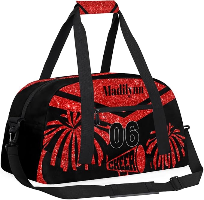 Personalized Girls Gym Cheerleading Bag Sport Duffle Bag, Custom Name Carry On Weekender Bag Travel Vocation Business Trip, Red Glittering Cheerleader Pom Poms