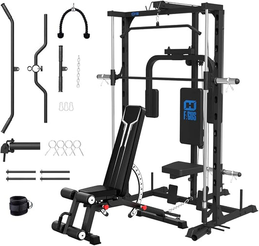 FAGUS Smith Machine Home Gym Power Cage with Pulley System, Space Saving Design Squat Rack with Full Body Strength Training Attachments, PEC Station & Fixed Cable Crossover Optional