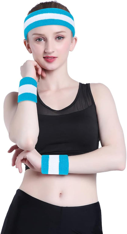 ONUPGO Sweatband Set Sports Headband Wristband Set Sweatbands Terry Cloth Wristband Wrist Sweatband Headbands Moisture Wicking Sweat Absorbing Head Band