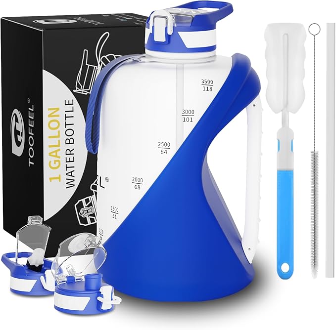 TOOFEEL 1 gallon water bottle - 128 oz water bottle with Straw & Chug Lid - BPA Free Big Water Bottle with Handle - Gym Water Bottle - Deep Blue and White