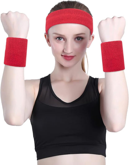 ONUPGO Sweatband Set Sports Headband Wristband Set Sweatbands Terry Cloth Wristband Wrist Sweatband Headbands Moisture Wicking Sweat Absorbing Head Band
