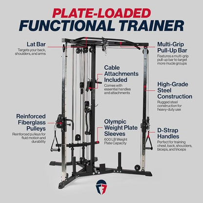 Titan Fitness Plate-Loaded Functional Trainer, Cable Crossover Machine with 660 LB Capacity, Smooth Fiberglass-Reinforced Cables, Multi-Grip Pull-Up Bar, LAT Bar, Low Row, Dual Stirrups