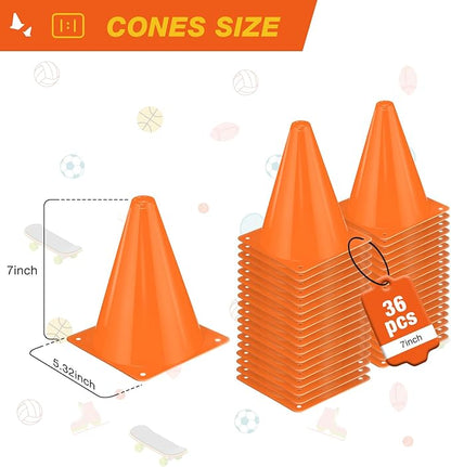 36pcs Cones 7 Inch Soccer Cones and Plastic Traffic Cones, Durable Cones for Sports Training, Ideal for Soccer, Basketball, Football, Skating, and Agility Drills Practice