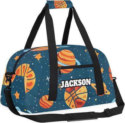 Personalized Basketball Gym Duffel Bags for Kids Boys with Custom Name Sport Travel Bags for Overnight Weekender Training, Blue Space