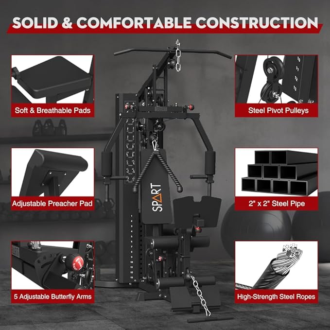 SPART Home Gym Station,Multifunctional Home Gym Workout Equipment,with 160LBS Weight Stack for Leg Press & Chest Fly, All in One Exercise Equipment Full Body Strength Training with Pulley System