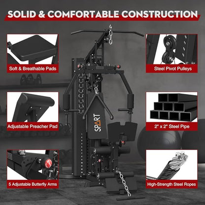 SPART Home Gym Station,Multifunctional Home Gym Workout Equipment,with 160LBS Weight Stack for Leg Press & Chest Fly, All in One Exercise Equipment Full Body Strength Training with Pulley System