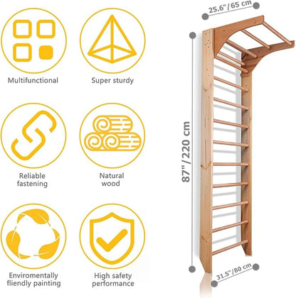 Wall Bars with Dip Bars CM-01-220, 87 in Wooden Swedish Ladder Set: Adjustable Pull Up and Dip Bars for Training and Physical Therapy - Used in Homes, Gyms, Clinic, and Schools