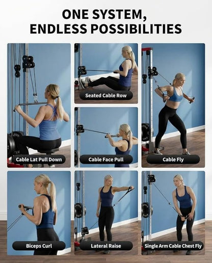 Wall Mount Cable Machine, Dual Pulley Cable Crossover & LAT Pulldown System for Home Gym with 19 Adjustable Positions, Tricep Rope, LAT Bar & Footboard, Space-Saving Garage Fitness Equipment