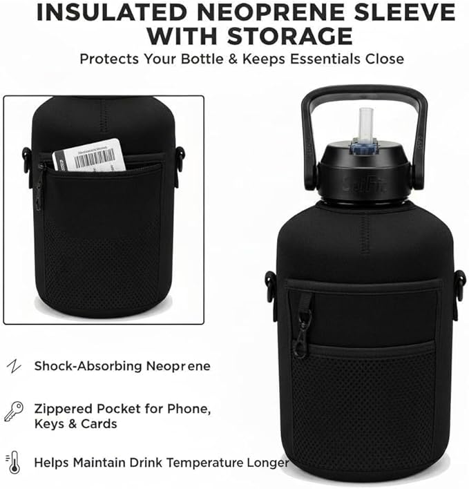 Half Gallon Water Bottle WITH Sleeve & Accessories – 64oz / 2.2L Hydration Kit Bundle – Includes Straw, Cleaning Brush & Storage Pocket – Leakproof Gym Jug BPA-Free