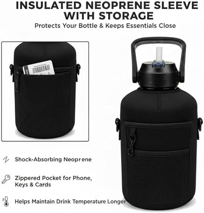 Half Gallon Water Bottle WITH Sleeve & Accessories – 64oz / 2.2L Hydration Kit Bundle – Includes Straw, Cleaning Brush & Storage Pocket – Leakproof Gym Jug BPA-Free
