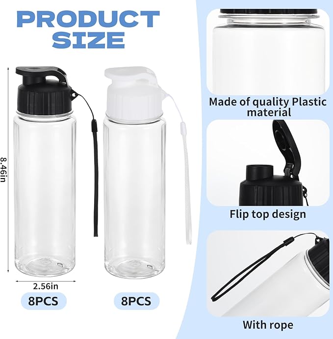 16 Pack Plastic Water Bottles Bulk with Handle Strap, 17oz Sports Water Bottles Reusable Drinking Cups Lightweight Leakproof Flip Top Bottle for Adults Gym Fitness Sports (White & Black)