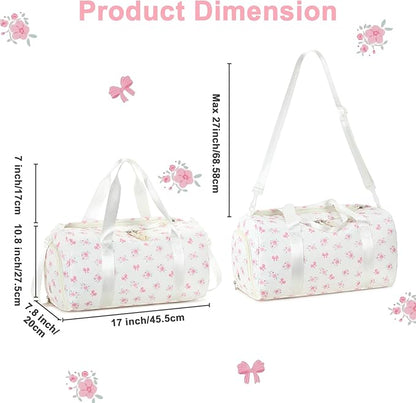Gym Bag Sports Duffle Bag with Wet Pocket Weekender Overnight Bags with Waterproof Shoe Pouch and Air Hole for Girls Kids Women Workout Travel Bags (Bow Flower-Beige)