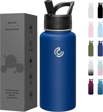 COKTIK 32oz Sports Water Bottle, Stainless Steel Water Bottle for Insulated, Reusable Travel Bottle, With Straw, With Handle Grip for Easy Carrying, Suitable for Cycling, Outdoor Vacations(Cobalt)
