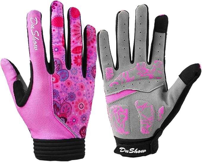 DuShow Bike Gloves for Women Cycling,Pink Floral Workout Gloves Women,Full Finger Biking Driving Riding Gloves for Women,Gel Padded Touch Screen Gym Gloves