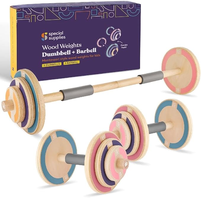 Special Supplies Kids Wooden Workout Play Weights Set - Adjustable Dumbbells and Barbell Set for Home Gym Equipment, Exercise Workout Set for School or Home Fitness Activities, Pastel Colors (Set of 1 Barbell and 2 Dumbbells)